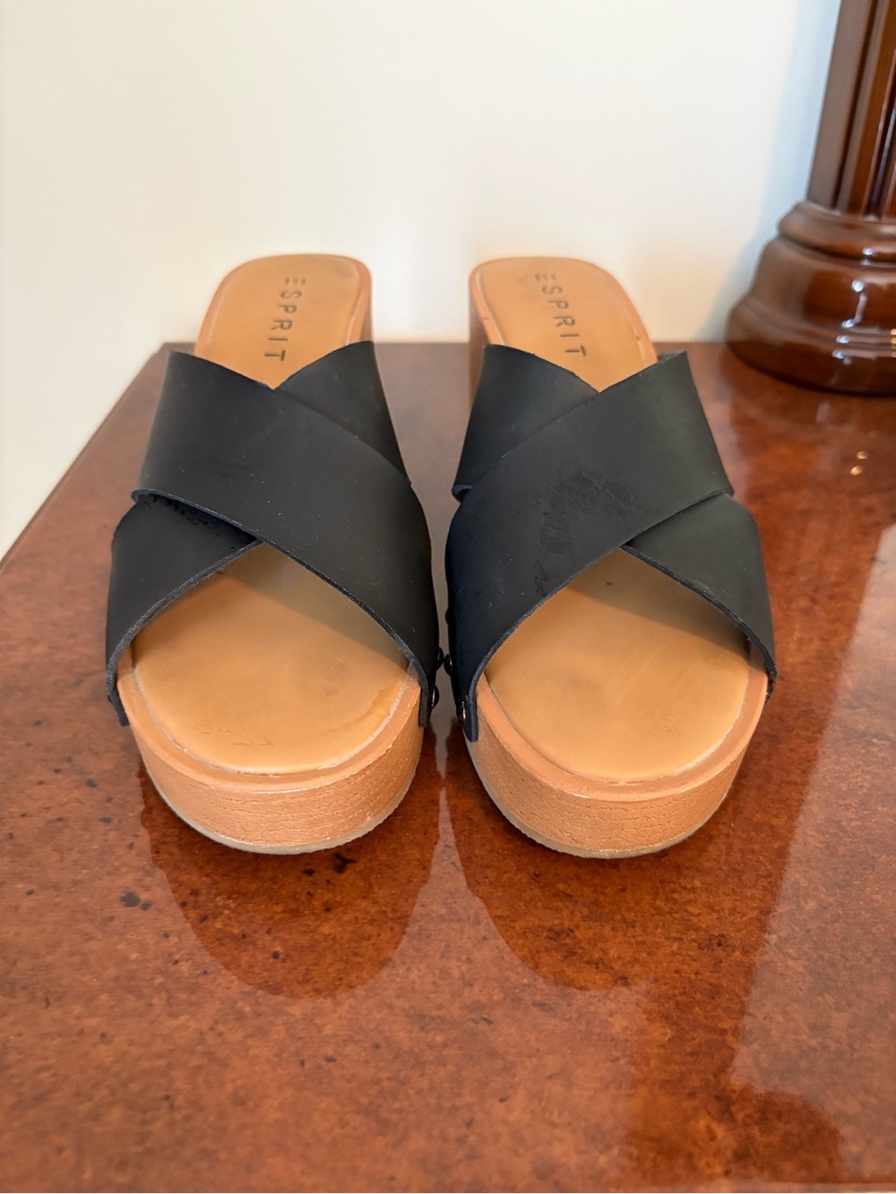Esprit Black Crisscross Platform Mules with Tan Footbed